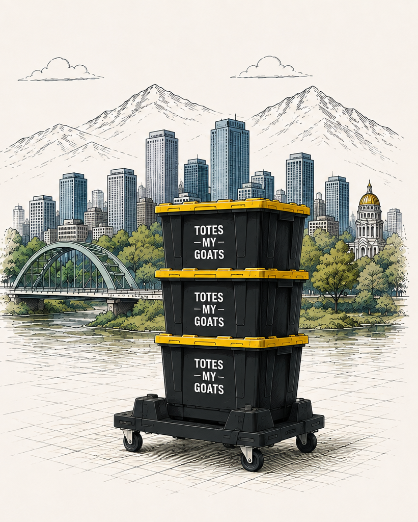 Illustration of three Totes My Goats moving totes stacked on a Tote Taxi in front of the Denver skyline, Rocky Mountains, bridge and Colorado State Capitol