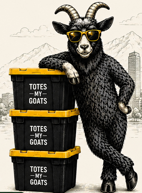 Art the Totes My Goats goat leaning on a stack of Totes My Goats moving totes