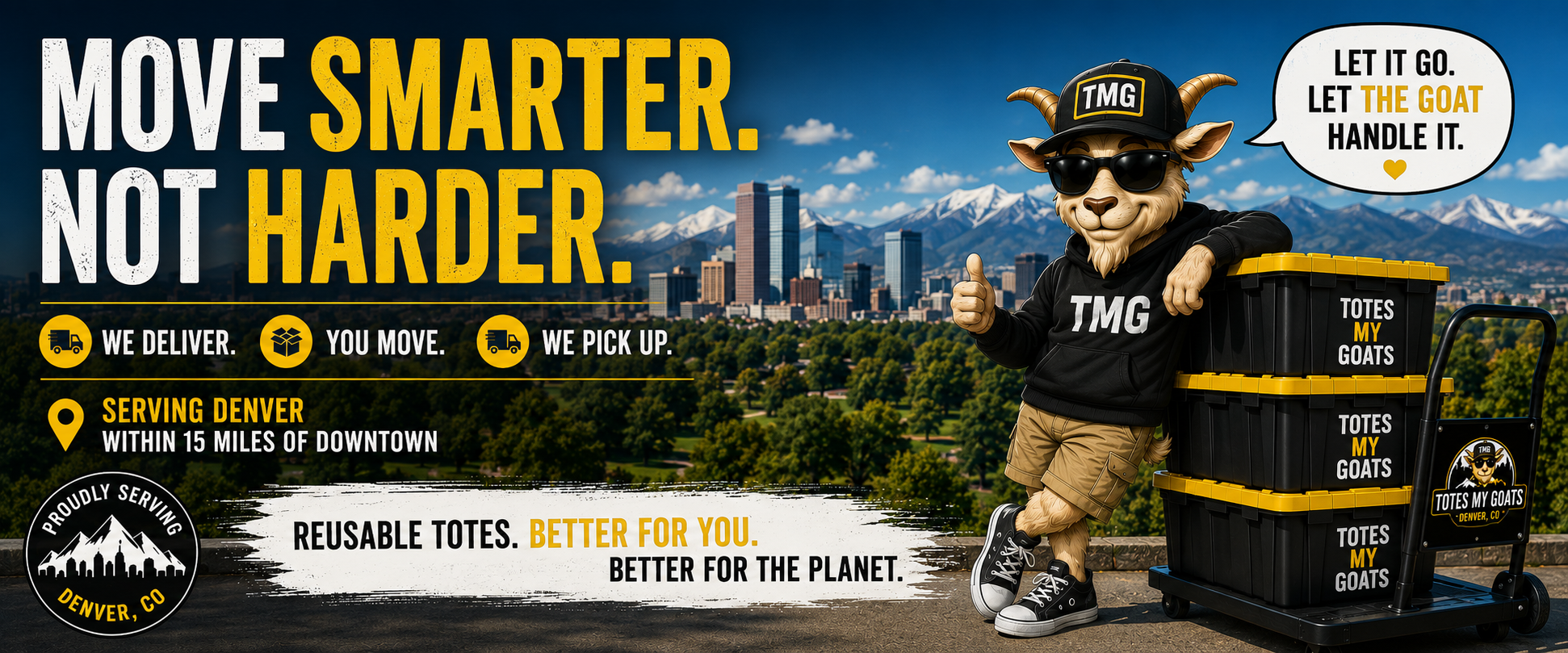 Totes My Goats mascot with reusable moving totes and Denver skyline