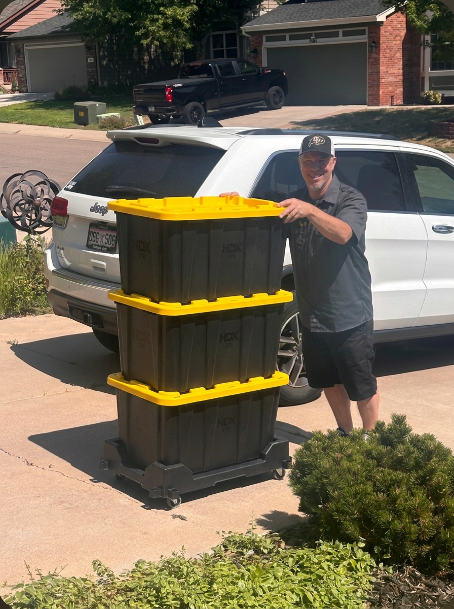 Chris Murphy delivering Totes My Goats moving totes stacked vertically on a low, flat black Tote Taxi with visible caster wheels