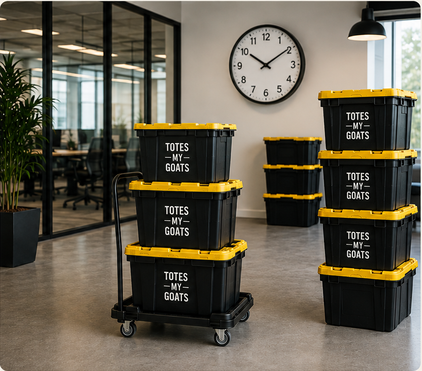 Totes My Goats reusable totes stacked on a Tote Taxi inside a Denver office